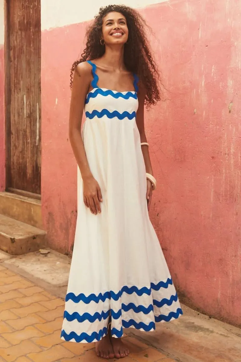 Women Boho Summer Dresses Vacation Spaghetti Strap Backless Trim Tiered A-Line Long Sundress Wedding Guest Dresses