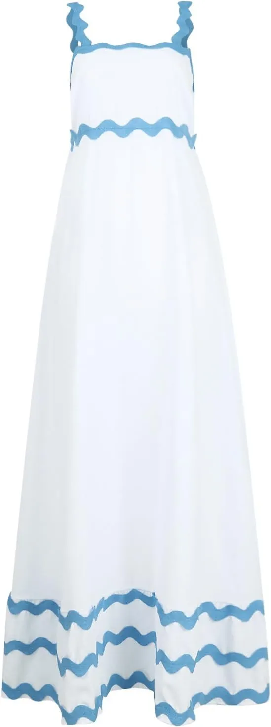 Women Boho Summer Dresses Vacation Spaghetti Strap Backless Trim Tiered A-Line Long Sundress Wedding Guest Dresses