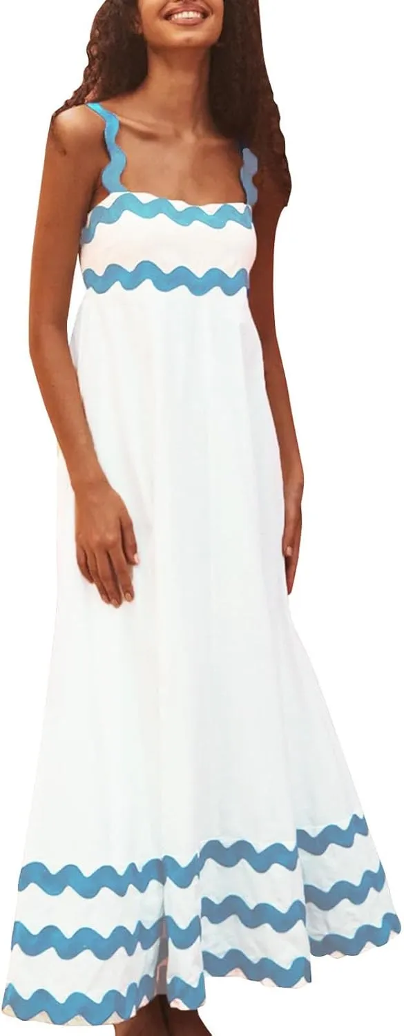 Women Boho Summer Dresses Vacation Spaghetti Strap Backless Trim Tiered A-Line Long Sundress Wedding Guest Dresses