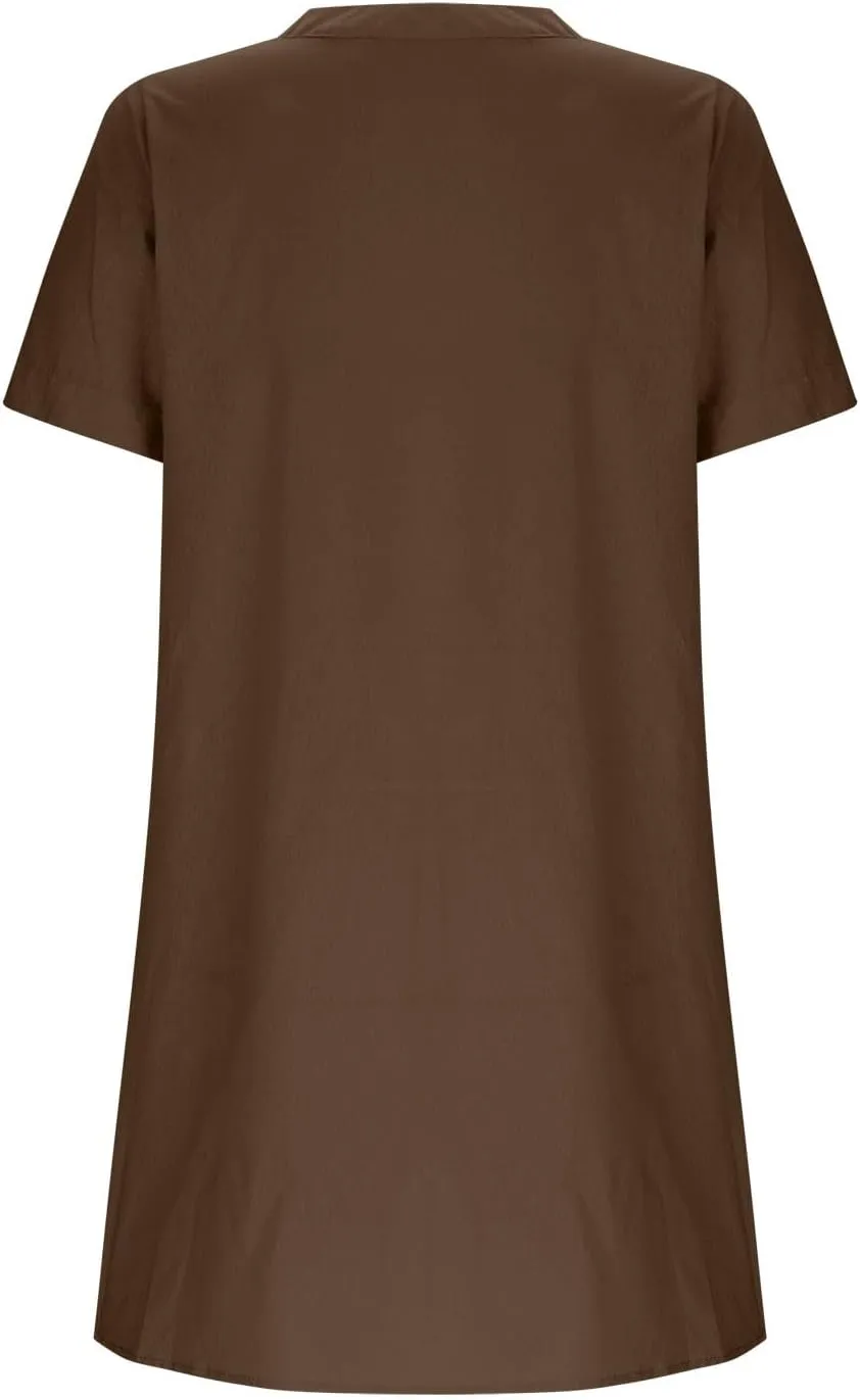Women Button Down T Shirt Dress 2025 V-Neck Short Sleeve Mini Dress Business Casual Work Shift Dresses with Pockets