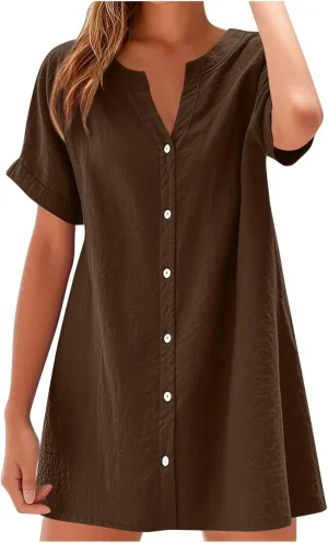Women Button Down T Shirt Dress 2025 V-Neck Short Sleeve Mini Dress Business Casual Work Shift Dresses with Pockets