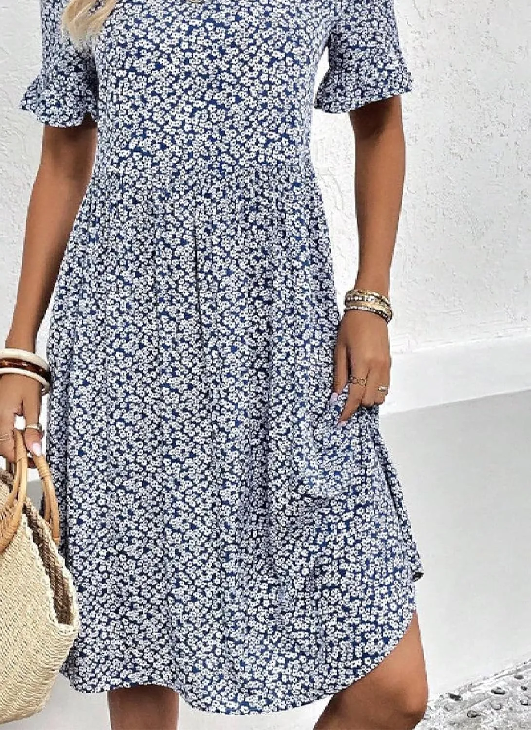 Women Casual Crewneck Ruffle Puff Short Sleeve Dresses Bohemian Floral Flowy Mini Dress 2025 Summer Beach Sundress