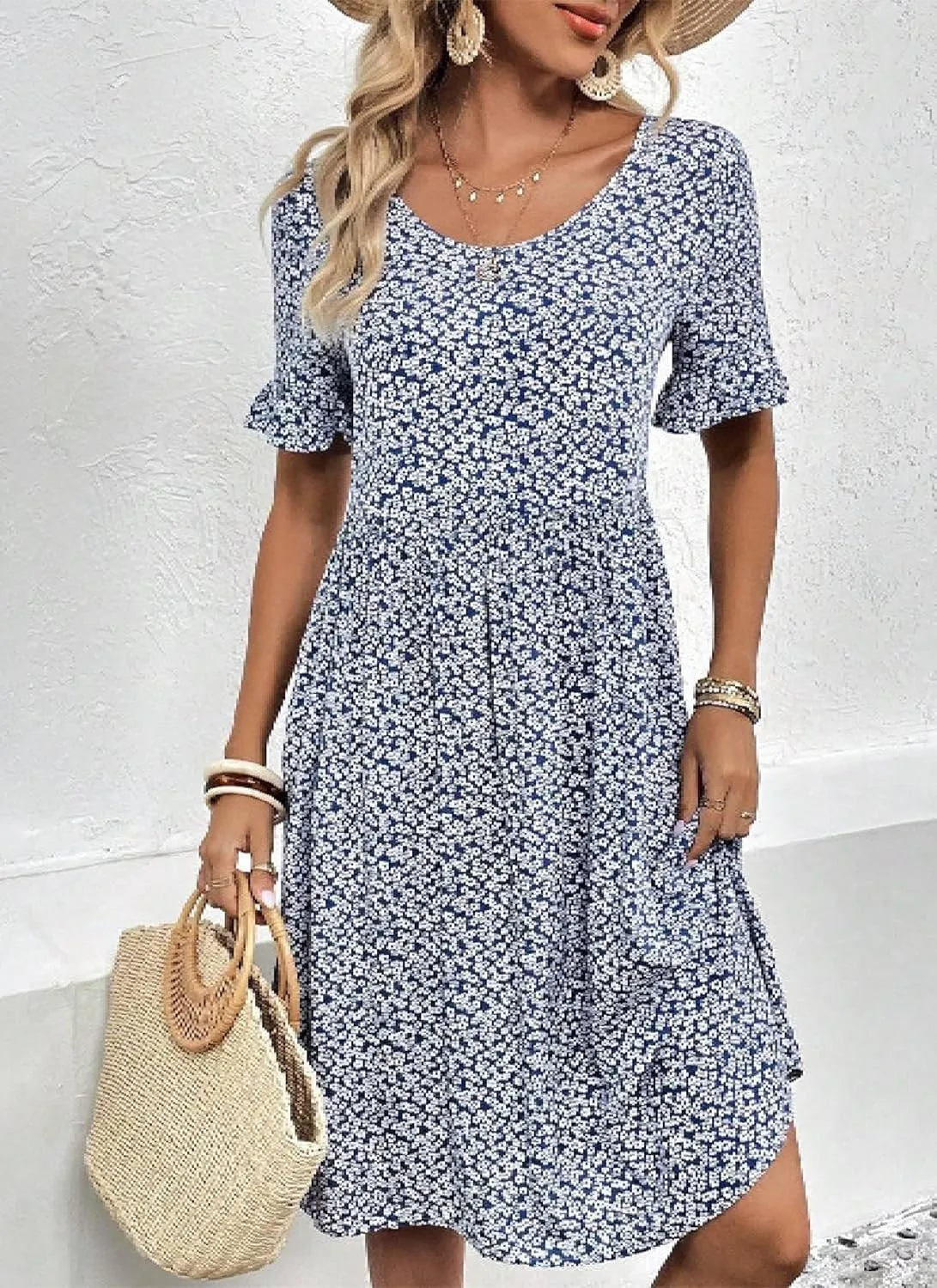 Women Casual Crewneck Ruffle Puff Short Sleeve Dresses Bohemian Floral Flowy Mini Dress 2025 Summer Beach Sundress