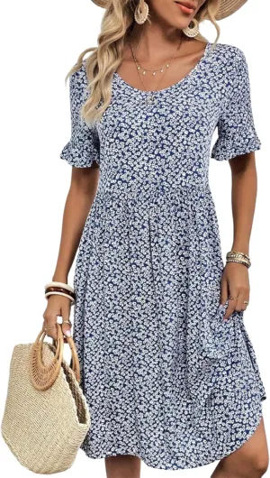 Women Casual Crewneck Ruffle Puff Short Sleeve Dresses Bohemian Floral Flowy Mini Dress 2025 Summer Beach Sundress