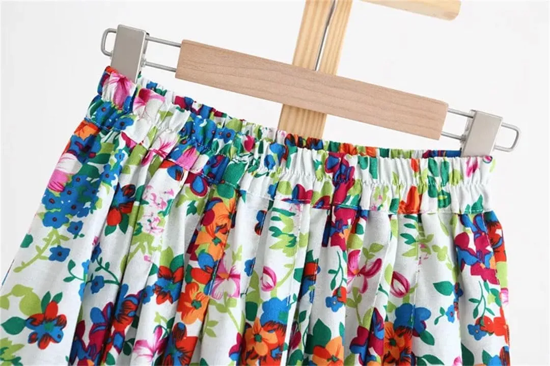 Women Cotton Linen Print Pleated Skirt Vintage Elastic Waist Loose Casual Midi A-Line Skirts