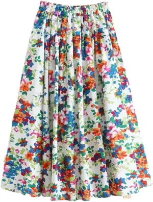 Women Cotton Linen Print Pleated Skirt Vintage Elastic Waist Loose Casual Midi A-Line Skirts
