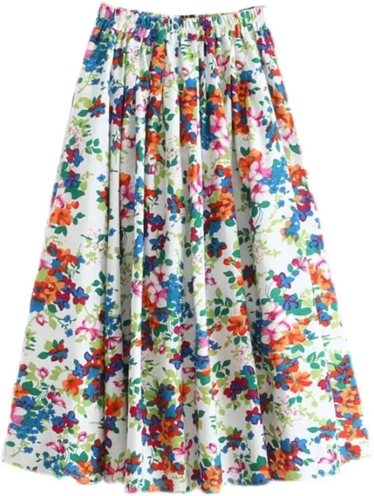 Women Cotton Linen Print Pleated Skirt Vintage Elastic Waist Loose Casual Midi A-Line Skirts