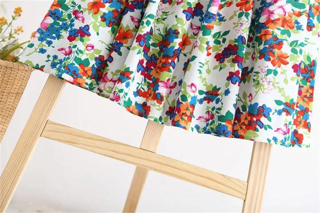 Women Cotton Linen Print Pleated Skirt Vintage Elastic Waist Loose Casual Midi A-Line Skirts