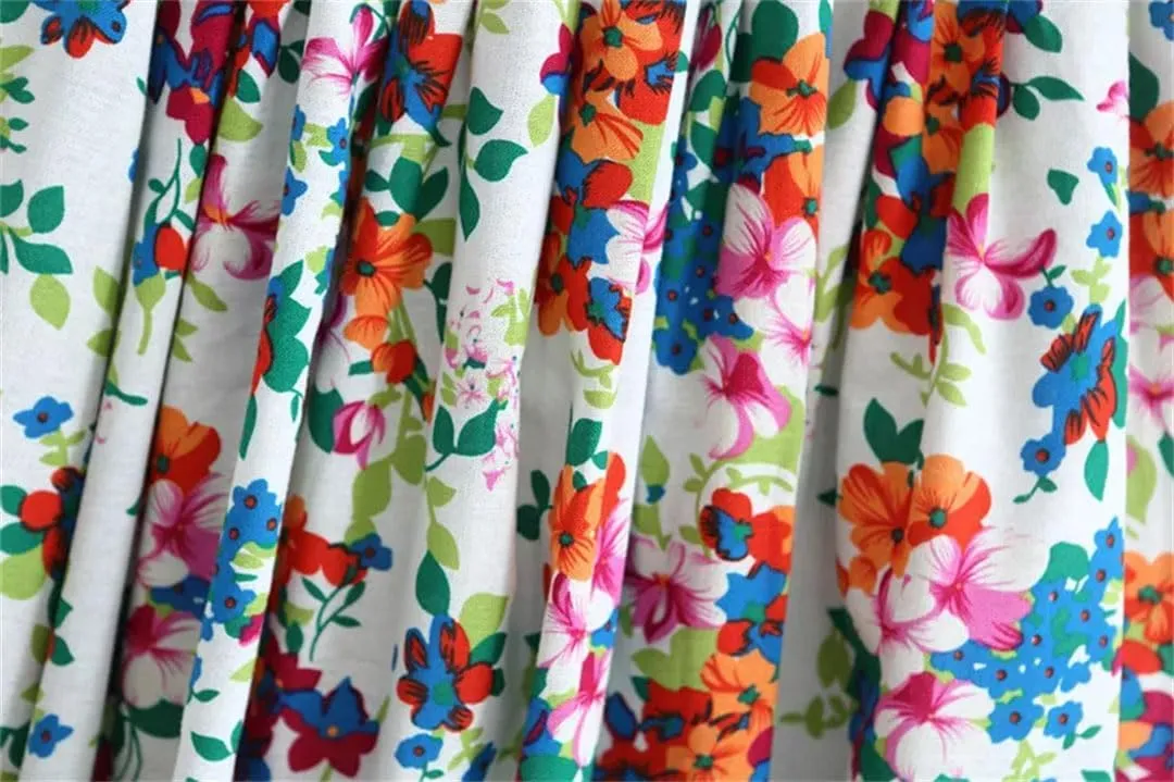 Women Cotton Linen Print Pleated Skirt Vintage Elastic Waist Loose Casual Midi A-Line Skirts