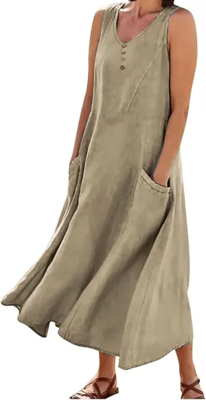 Women Cotton Linen Summer Dresses 2024 Trendy Maxi Dress Flowy Sleeveless Long Sundresses Boho Casual Vacation Clothes
