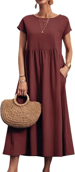 Women Cotton Maxi Dress 2024 Casual O Neck Cap Sleeve Midi Dress Summer Loose Fit Sundress with Pockets