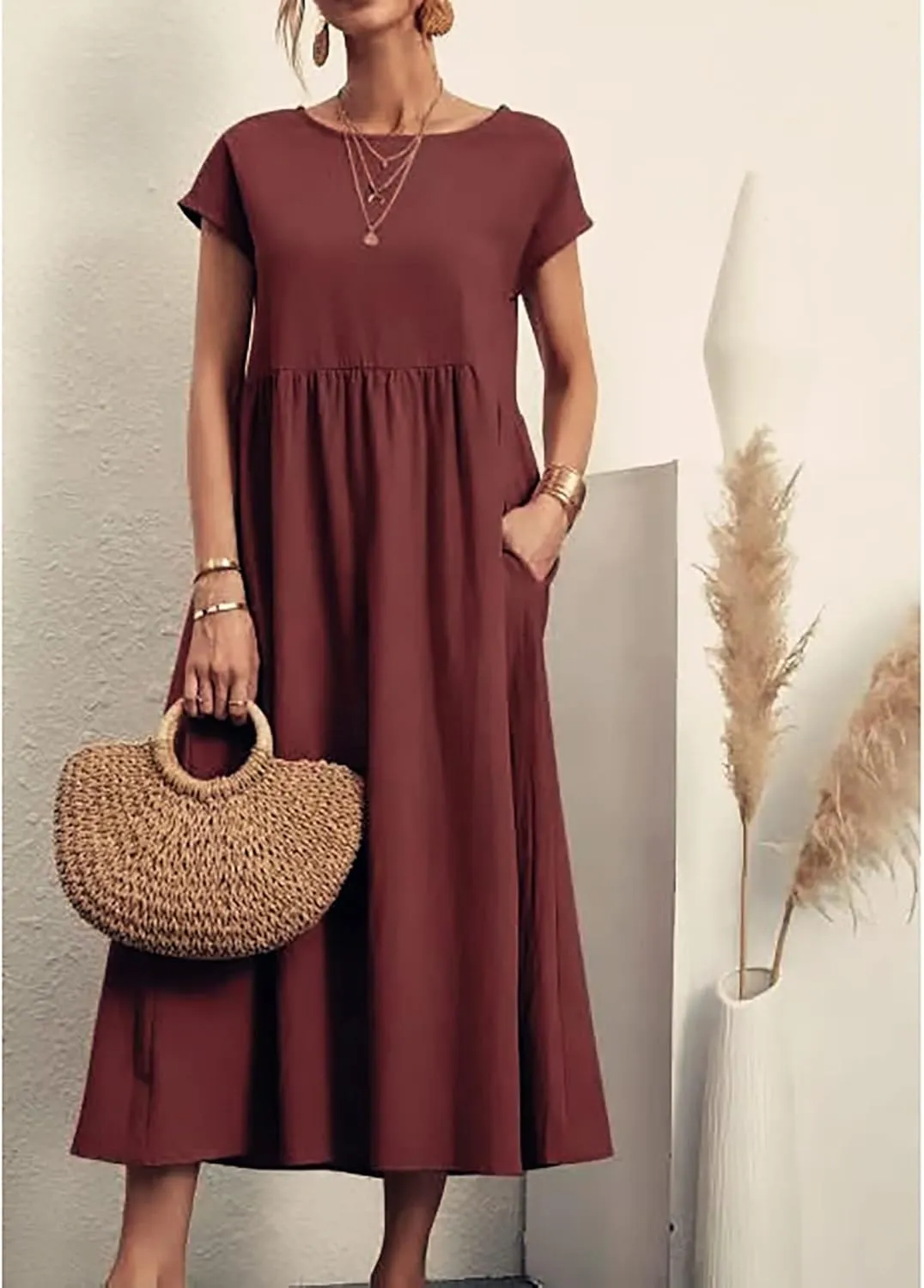 Women Cotton Maxi Dress 2024 Casual O Neck Cap Sleeve Midi Dress Summer Loose Fit Sundress with Pockets