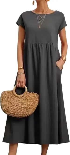 Women Cotton Maxi Dress 2024 Casual O Neck Cap Sleeve Midi Dress Summer Loose Fit Sundress with Pockets