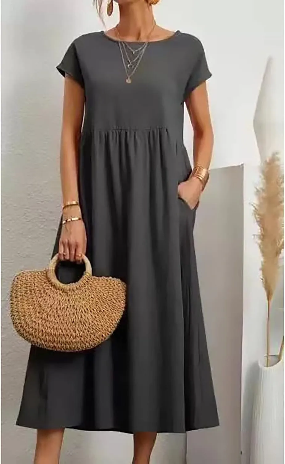 Women Cotton Maxi Dress 2024 Casual O Neck Cap Sleeve Midi Dress Summer Loose Fit Sundress with Pockets