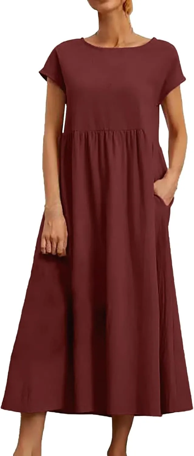 Women Cotton Maxi Dress 2024 Casual O Neck Cap Sleeve Midi Dress Summer Loose Fit Sundress with Pockets