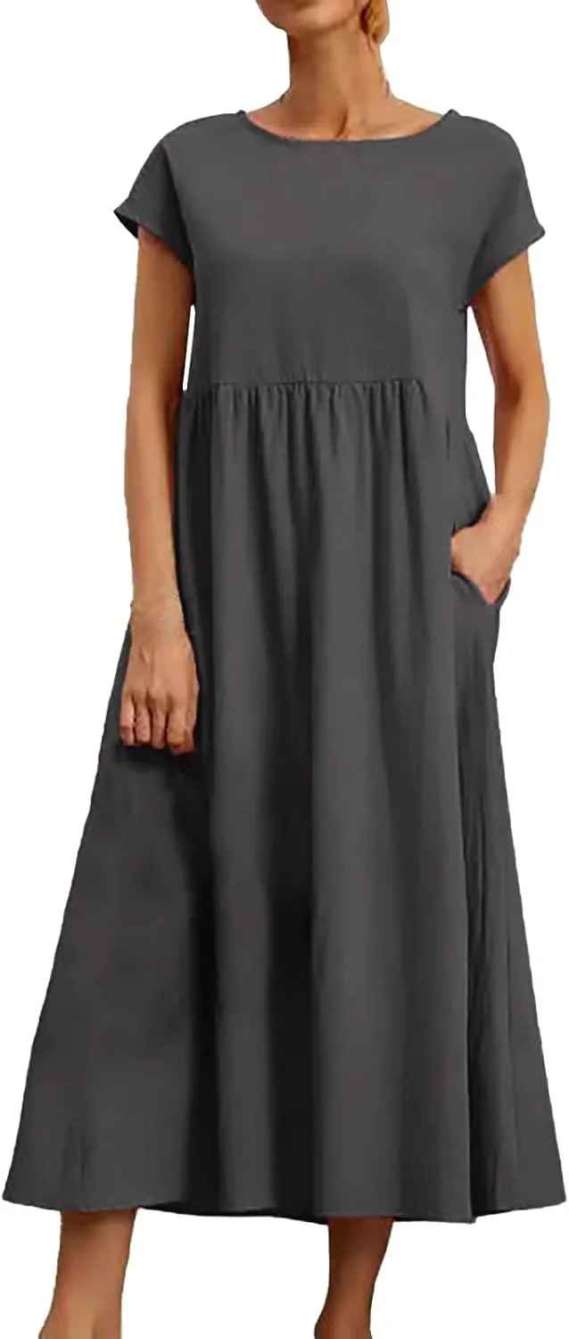 Women Cotton Maxi Dress 2024 Casual O Neck Cap Sleeve Midi Dress Summer Loose Fit Sundress with Pockets