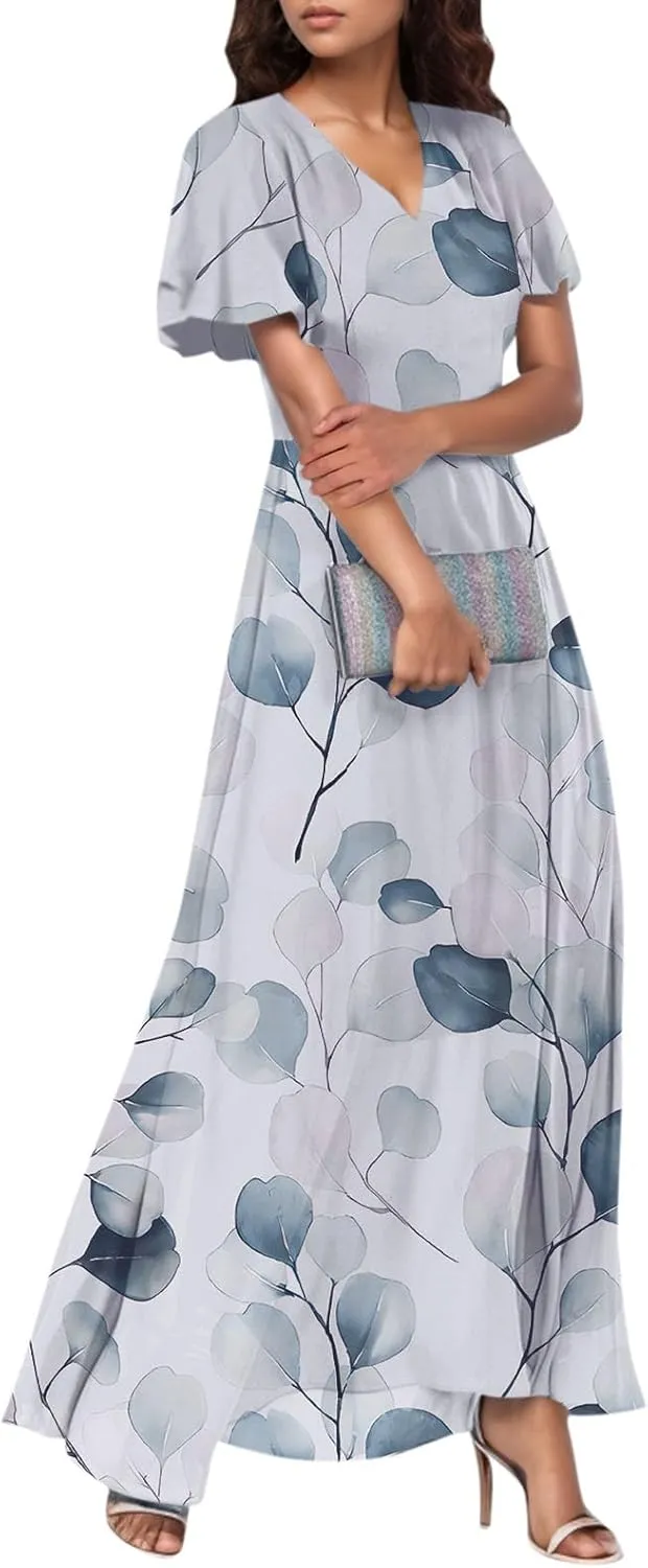 Women Easter Dress Elegant Long Floral Dresses Casual Summer Ruffle Sleeve Vneck Dress Wrap Wedding Guest Maxi Dresses