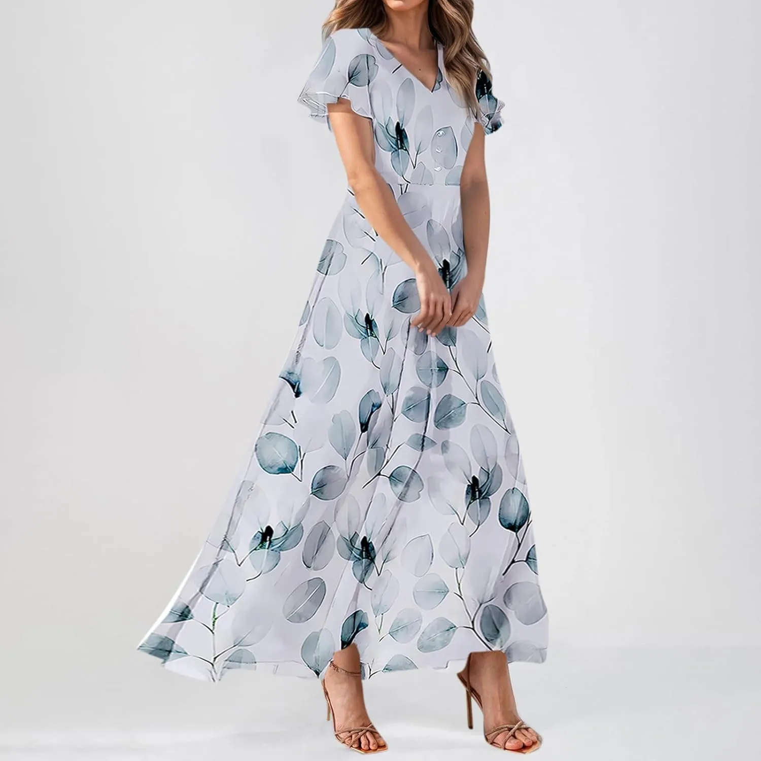 Women Easter Dress Elegant Long Floral Dresses Casual Summer Ruffle Sleeve Vneck Dress Wrap Wedding Guest Maxi Dresses