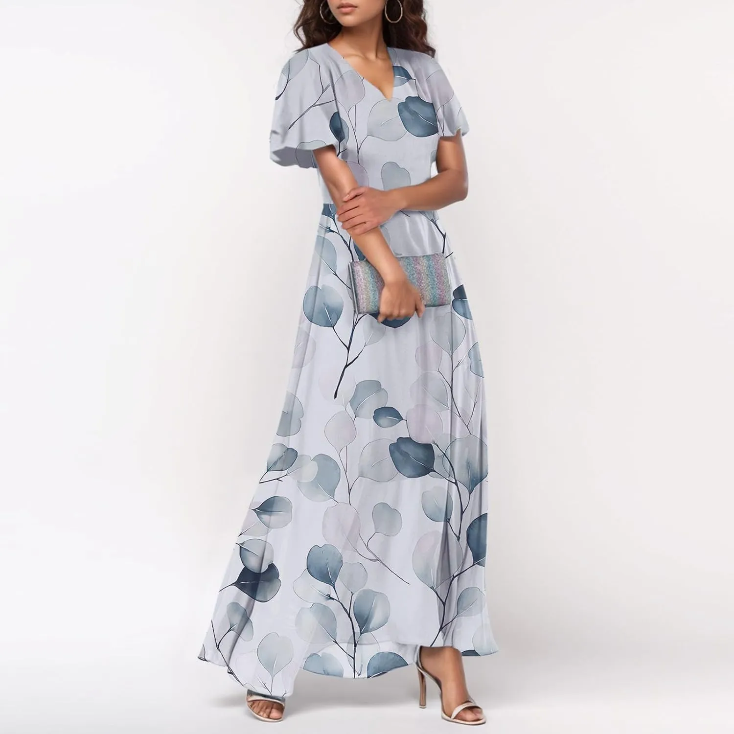 Women Easter Dress Elegant Long Floral Dresses Casual Summer Ruffle Sleeve Vneck Dress Wrap Wedding Guest Maxi Dresses