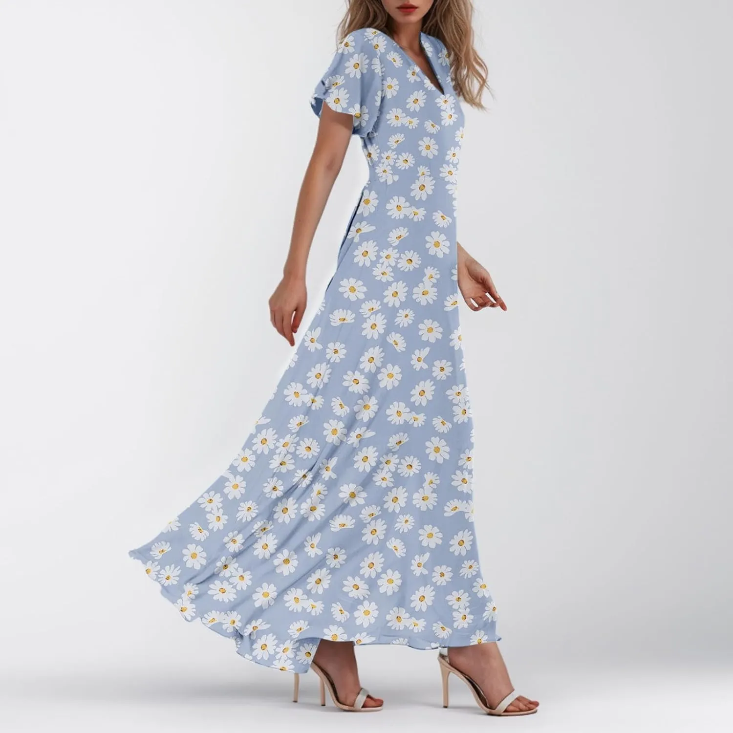 Women Easter Dress Elegant Long Floral Dresses Casual Summer Ruffle Sleeve Vneck Dress Wrap Wedding Guest Maxi Dresses