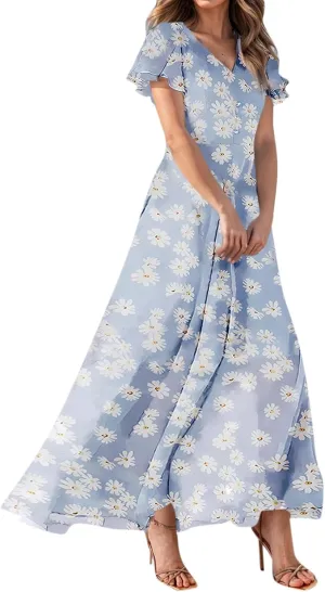 Women Easter Dress Elegant Long Floral Dresses Casual Summer Ruffle Sleeve Vneck Dress Wrap Wedding Guest Maxi Dresses