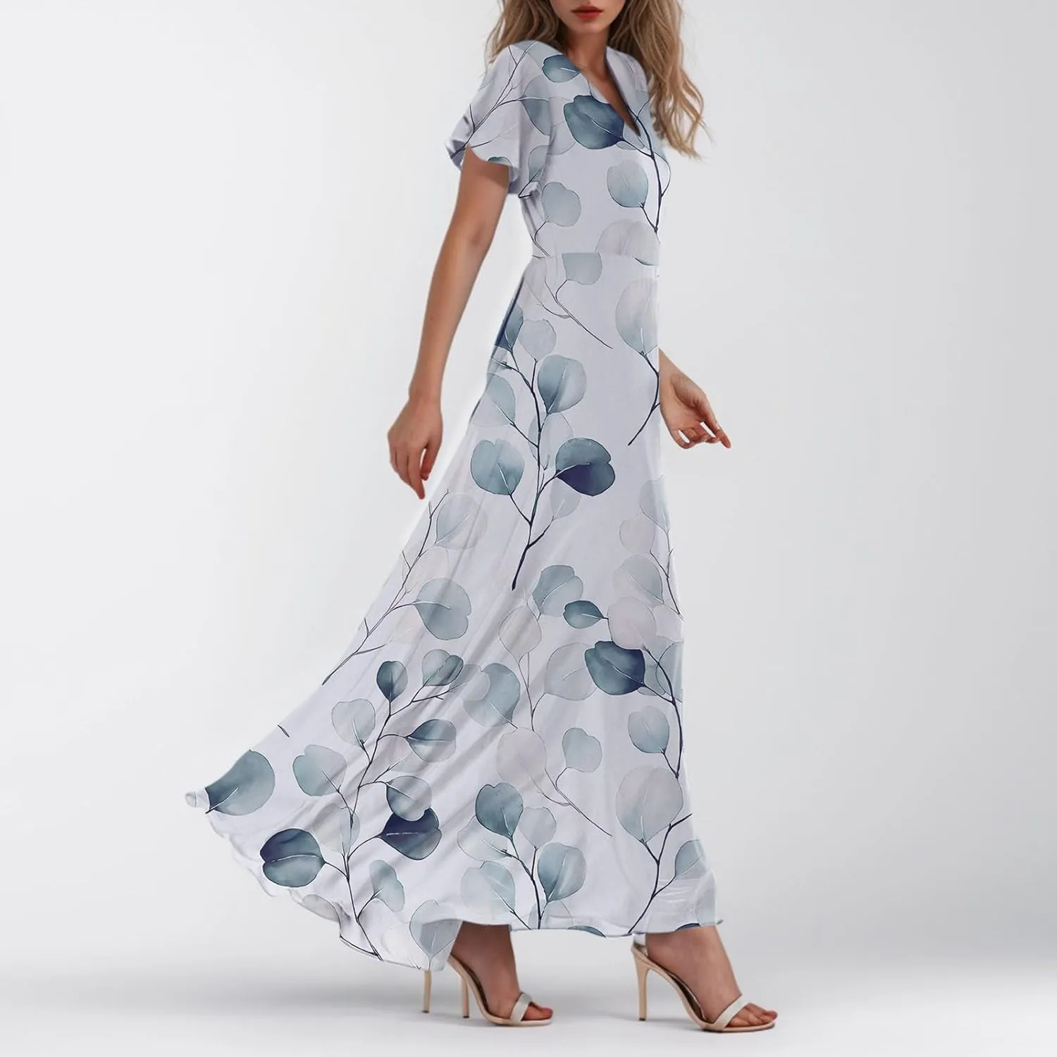 Women Easter Dress Elegant Long Floral Dresses Casual Summer Ruffle Sleeve Vneck Dress Wrap Wedding Guest Maxi Dresses
