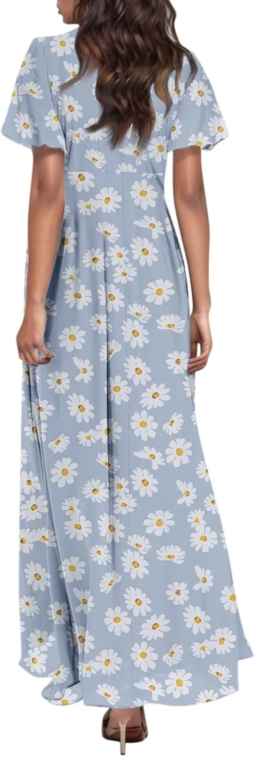 Women Easter Dress Elegant Long Floral Dresses Casual Summer Ruffle Sleeve Vneck Dress Wrap Wedding Guest Maxi Dresses