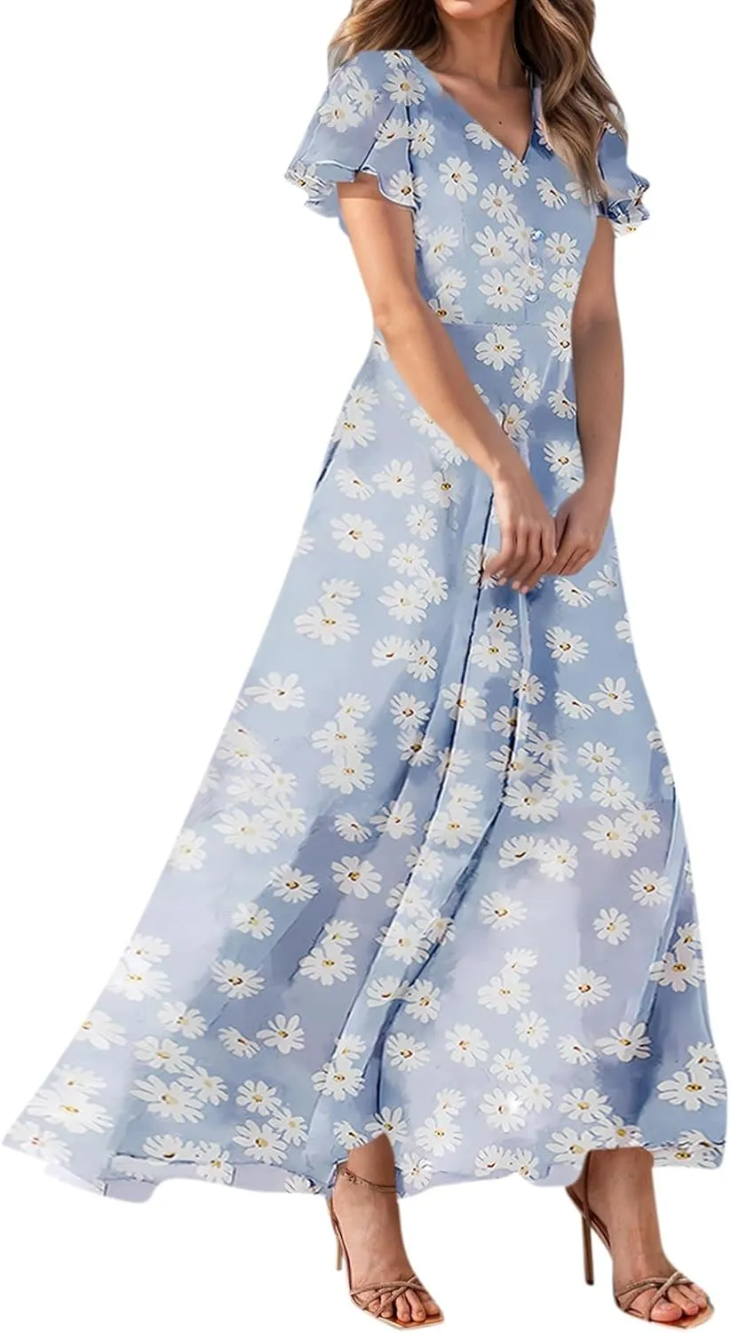 Women Easter Dress Elegant Long Floral Dresses Casual Summer Ruffle Sleeve Vneck Dress Wrap Wedding Guest Maxi Dresses