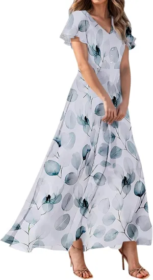 Women Easter Dress Elegant Long Floral Dresses Casual Summer Ruffle Sleeve Vneck Dress Wrap Wedding Guest Maxi Dresses
