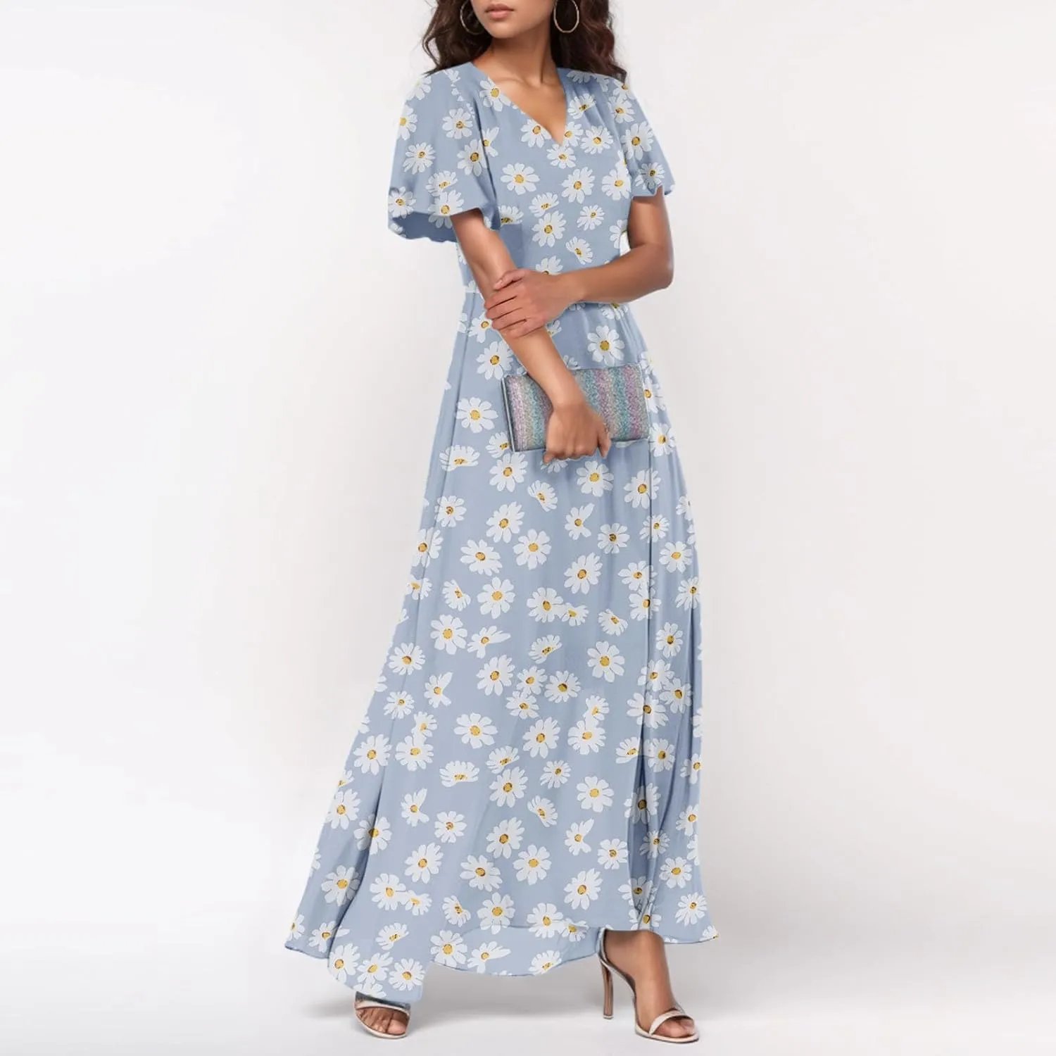 Women Easter Dress Elegant Long Floral Dresses Casual Summer Ruffle Sleeve Vneck Dress Wrap Wedding Guest Maxi Dresses