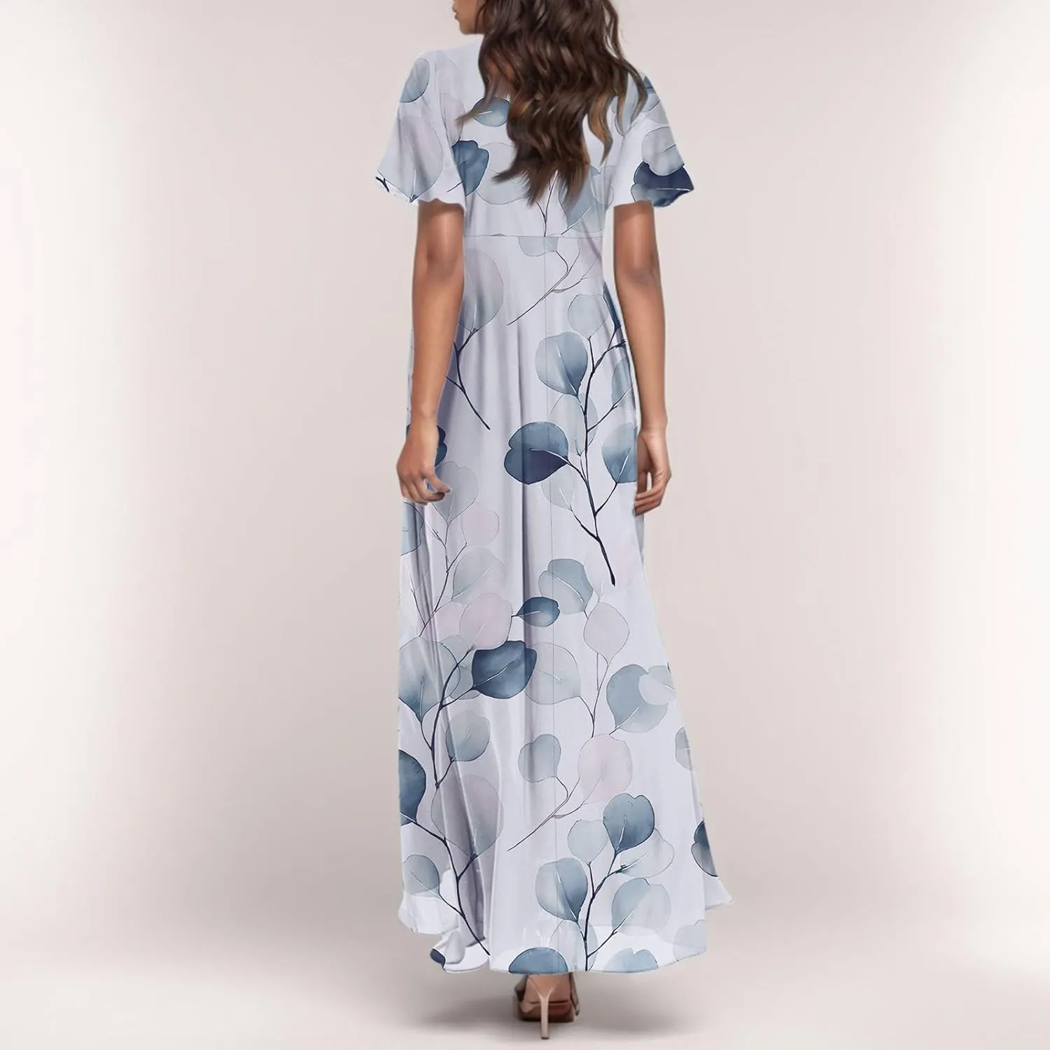 Women Easter Dress Elegant Long Floral Dresses Casual Summer Ruffle Sleeve Vneck Dress Wrap Wedding Guest Maxi Dresses
