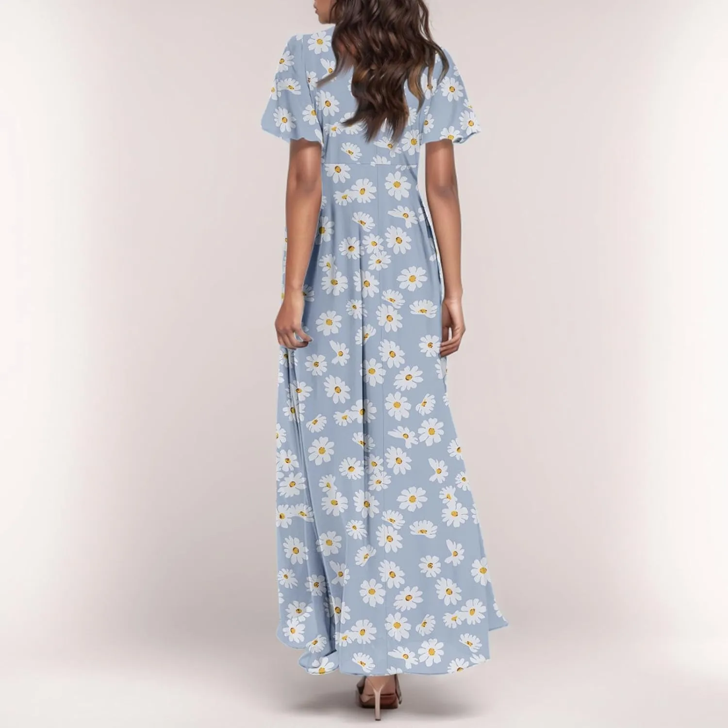 Women Easter Dress Elegant Long Floral Dresses Casual Summer Ruffle Sleeve Vneck Dress Wrap Wedding Guest Maxi Dresses