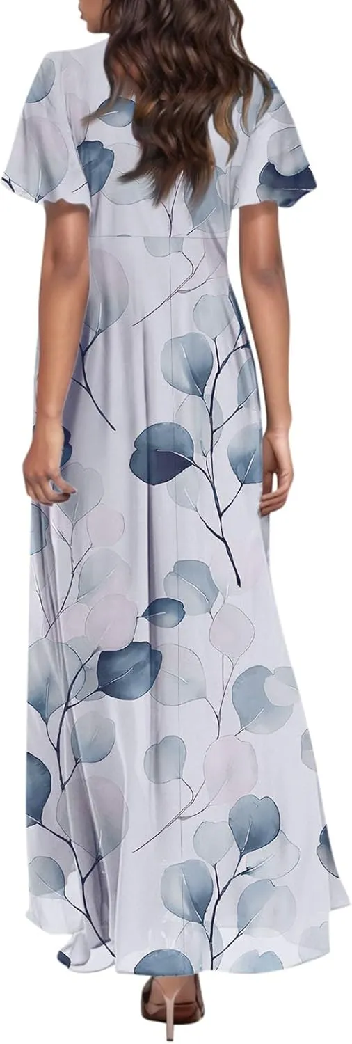 Women Easter Dress Elegant Long Floral Dresses Casual Summer Ruffle Sleeve Vneck Dress Wrap Wedding Guest Maxi Dresses
