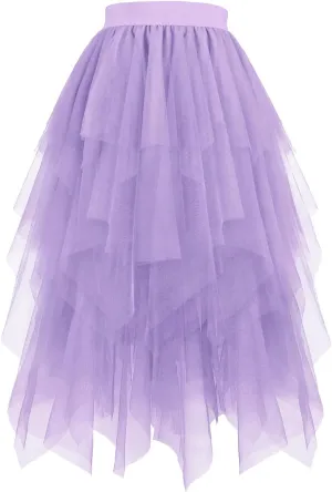 Women Fashion Layered Tulle Skirts, High Waisted Irregular Hem Midi Skirts Tutu Layered Puffy Fairy Skirts Party Clothes
