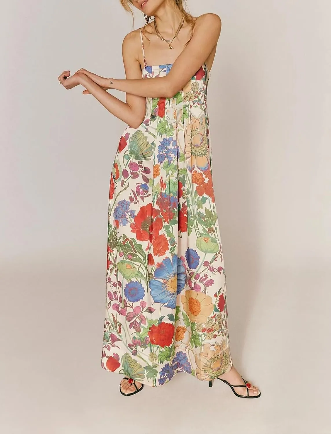 Women Floral Maxi Dress Sexy Spaghetti Strap Sleeveless Backless A-Line Flowy Long Dresses Summer Sundress