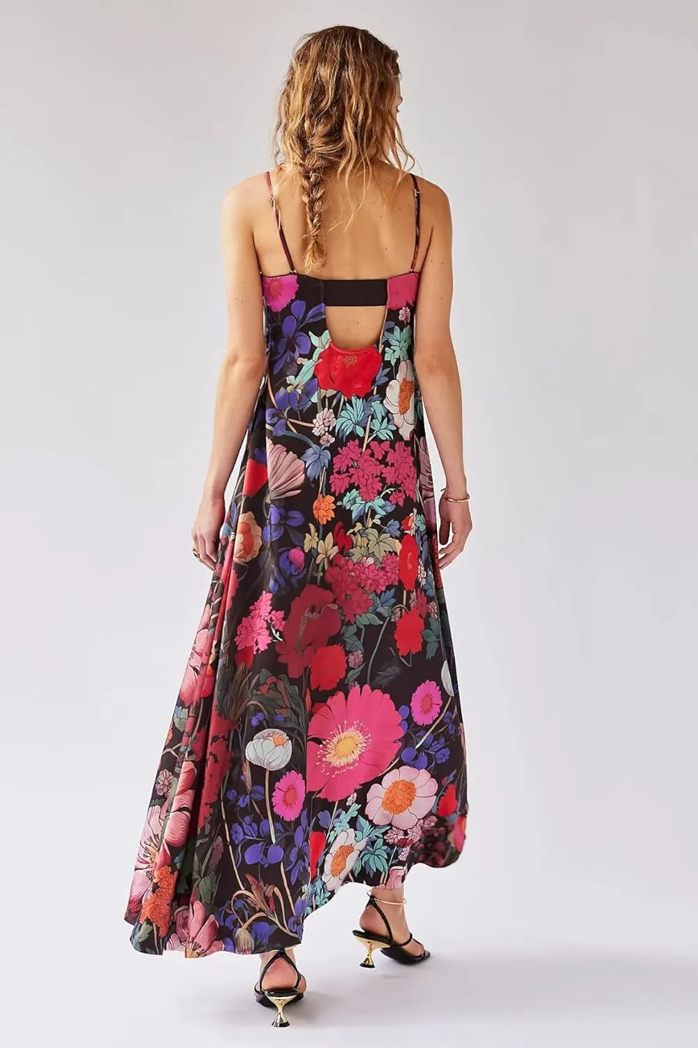 Women Floral Maxi Dress Sexy Spaghetti Strap Sleeveless Backless A-Line Flowy Long Dresses Summer Sundress