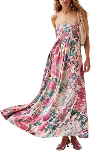 Women Floral Maxi Dress Sexy Spaghetti Strap Sleeveless Backless A-Line Flowy Long Dresses Summer Sundress
