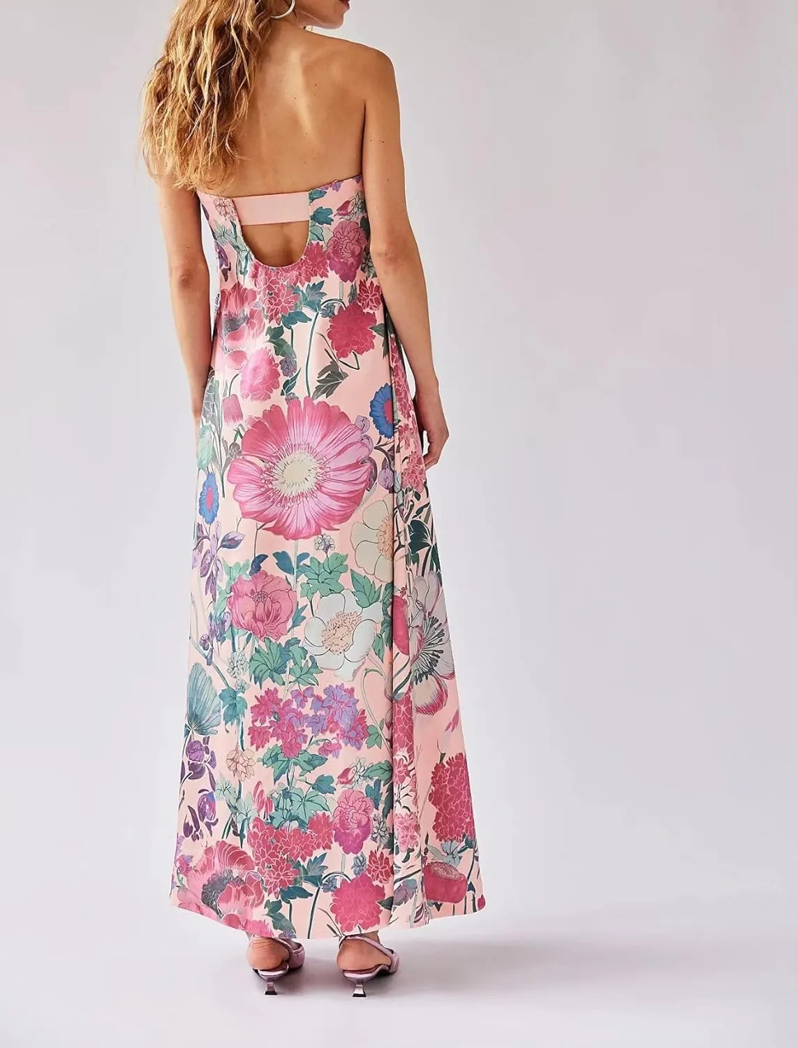 Women Floral Maxi Dress Sexy Spaghetti Strap Sleeveless Backless A-Line Flowy Long Dresses Summer Sundress