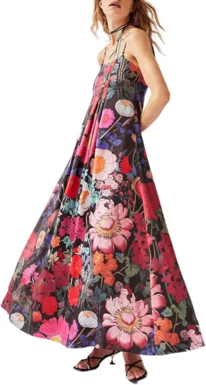 Women Floral Maxi Dress Sexy Spaghetti Strap Sleeveless Backless A-Line Flowy Long Dresses Summer Sundress