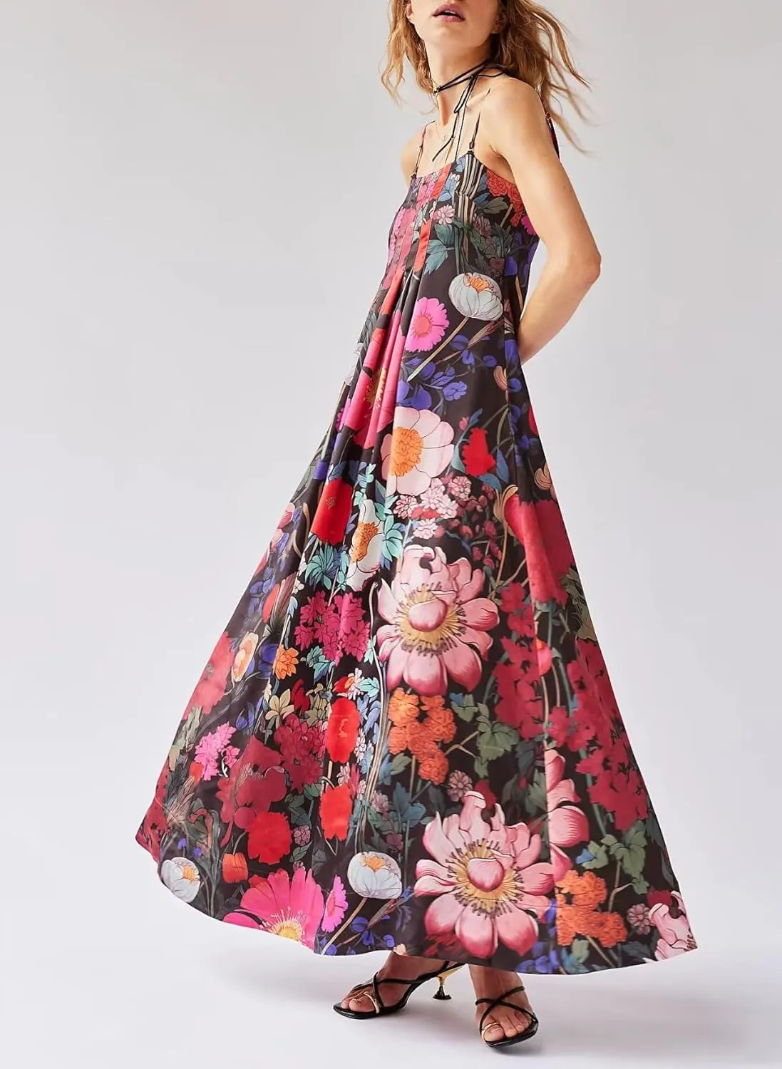 Women Floral Maxi Dress Sexy Spaghetti Strap Sleeveless Backless A-Line Flowy Long Dresses Summer Sundress