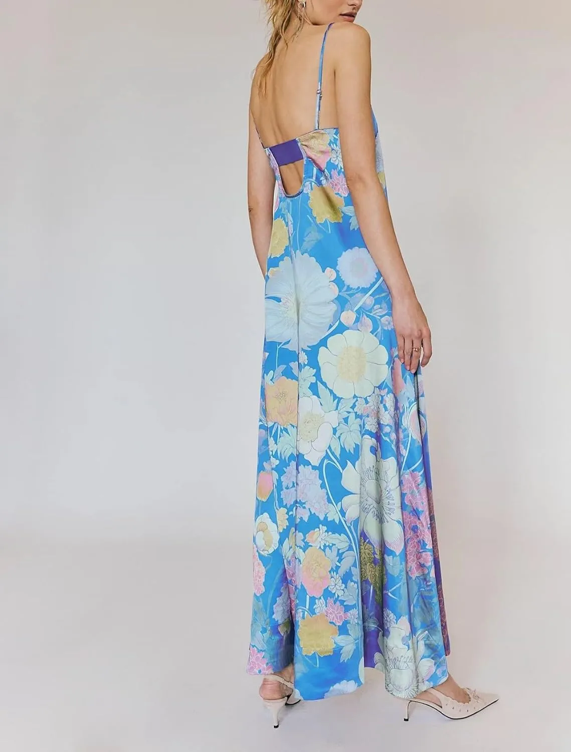 Women Floral Maxi Dress Sexy Spaghetti Strap Sleeveless Backless A-Line Flowy Long Dresses Summer Sundress