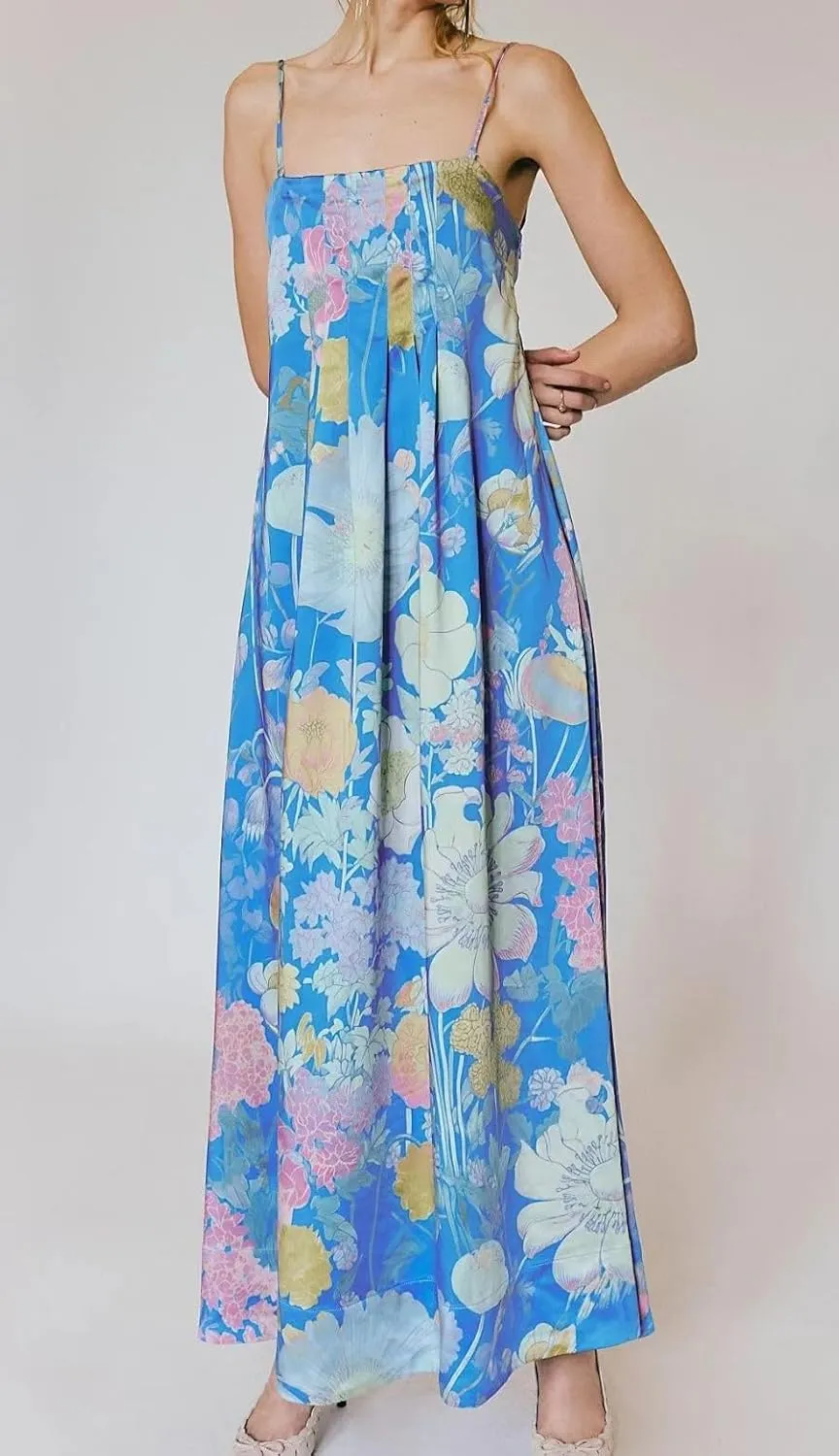 Women Floral Maxi Dress Sexy Spaghetti Strap Sleeveless Backless A-Line Flowy Long Dresses Summer Sundress