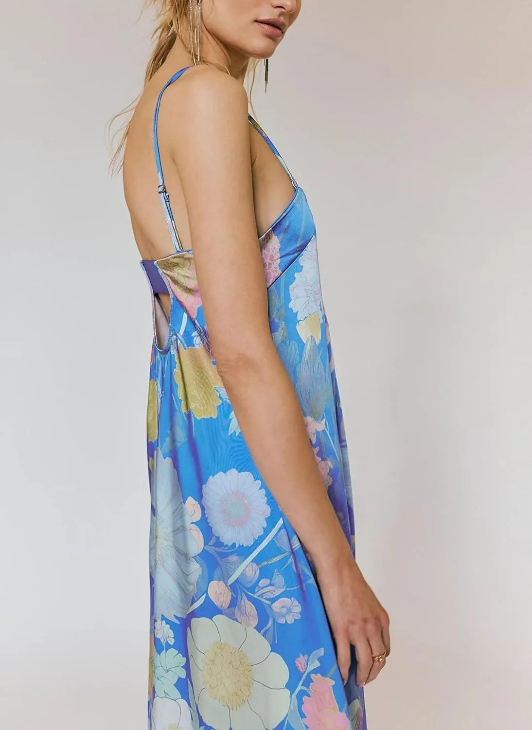 Women Floral Maxi Dress Sexy Spaghetti Strap Sleeveless Backless A-Line Flowy Long Dresses Summer Sundress