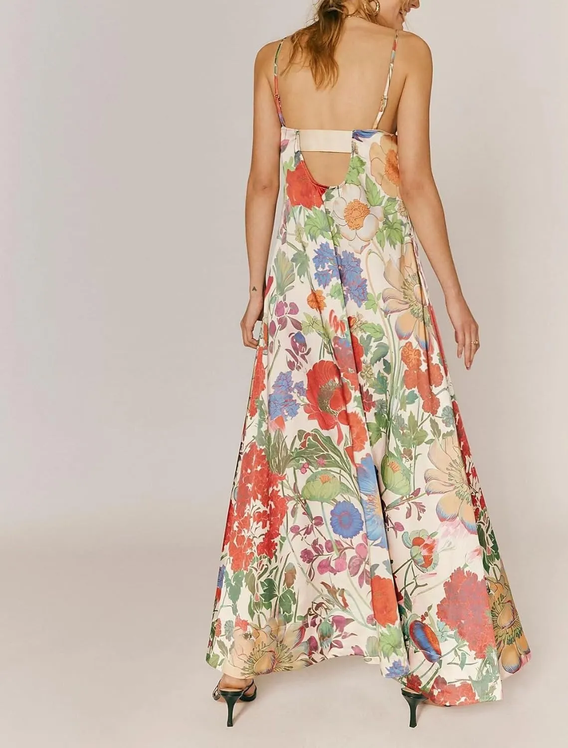 Women Floral Maxi Dress Sexy Spaghetti Strap Sleeveless Backless A-Line Flowy Long Dresses Summer Sundress