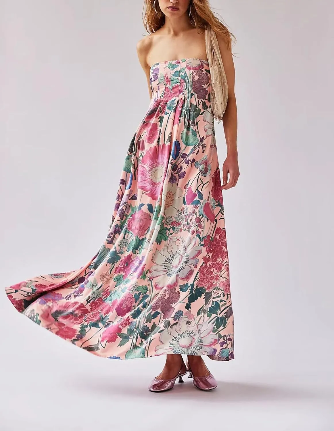 Women Floral Maxi Dress Sexy Spaghetti Strap Sleeveless Backless A-Line Flowy Long Dresses Summer Sundress