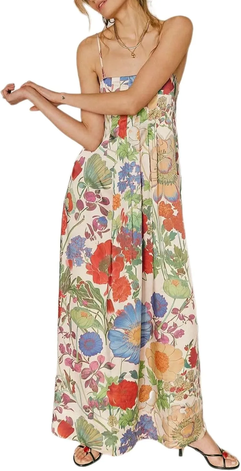 Women Floral Maxi Dress Sexy Spaghetti Strap Sleeveless Backless A-Line Flowy Long Dresses Summer Sundress