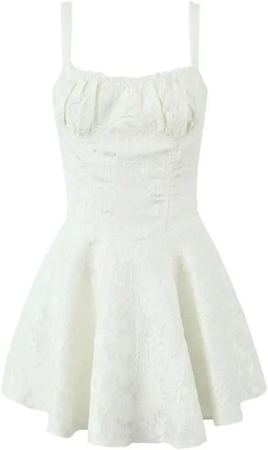 Women Lace Spaghetti Strap Trim Mini Dress Sleeveless Low Waist Floral Dresses Summer Party Robe