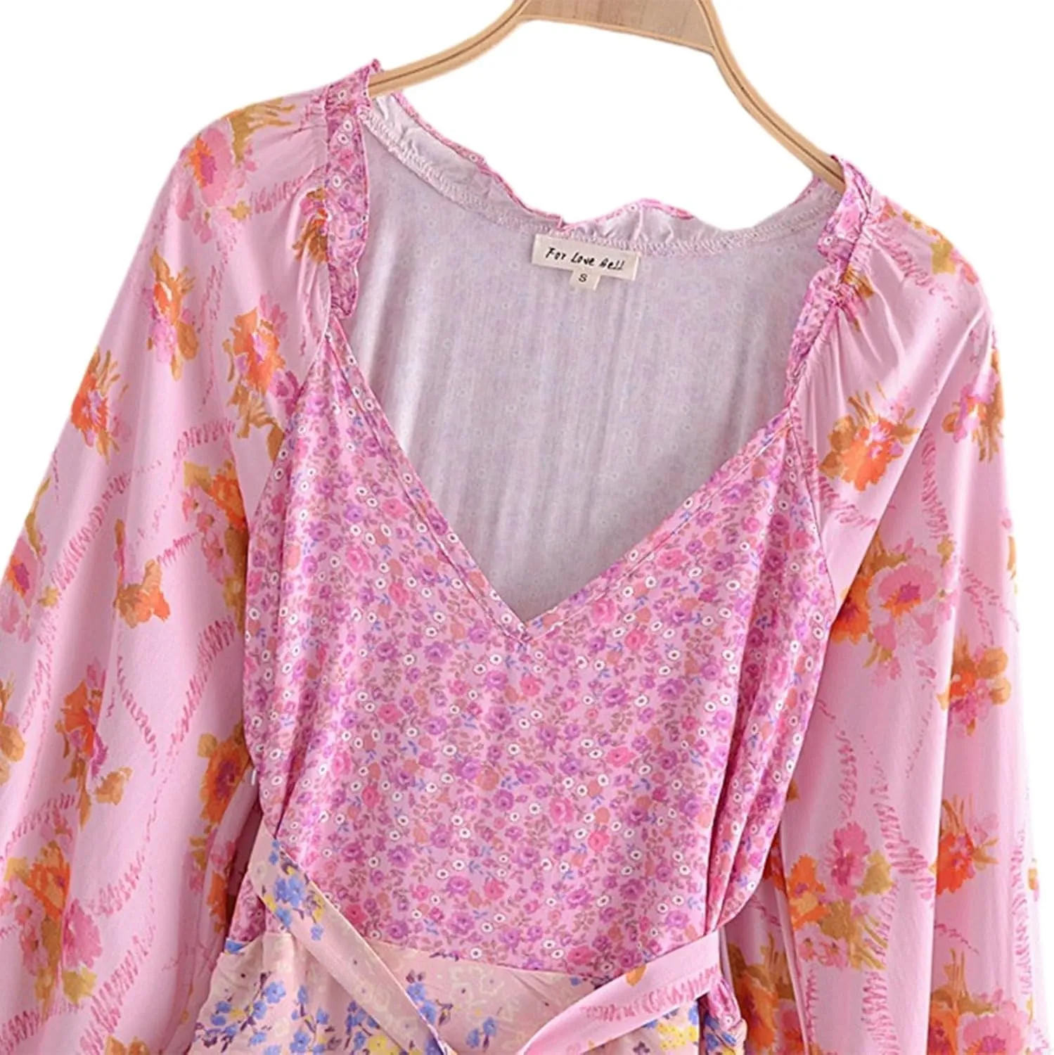 Women Long Sleeve Floral Boho Dress V Neck Layered Ruffle Hem Smocked Waist Mini Dress Beach Cocktail Streetwear