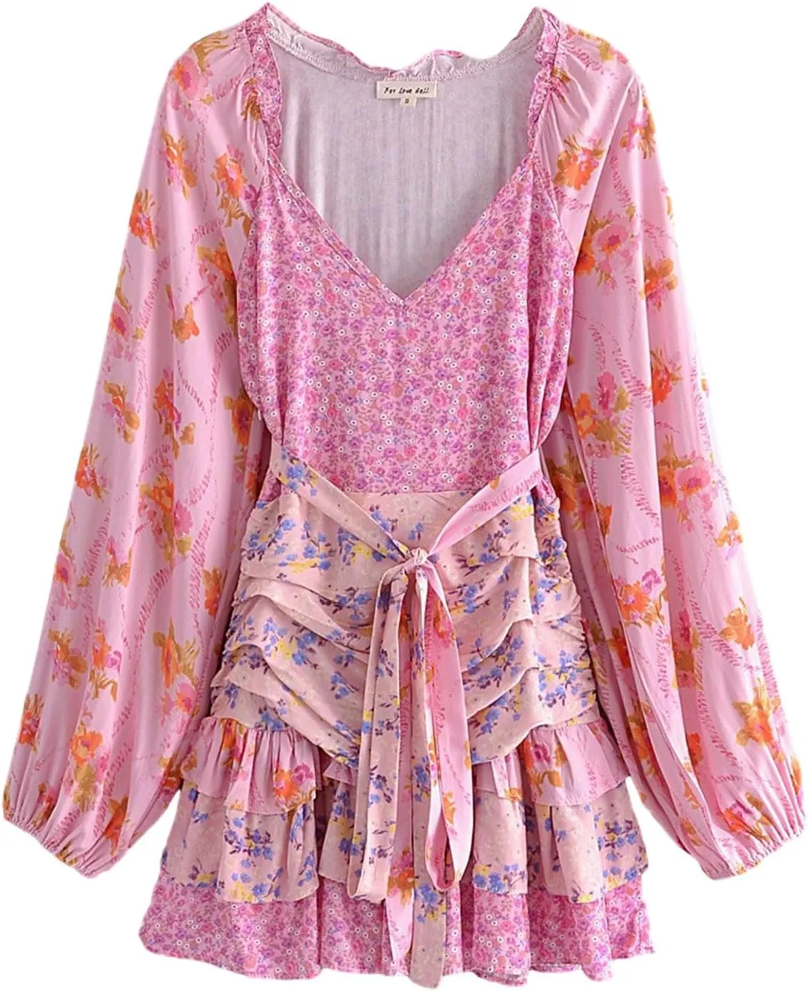 Women Long Sleeve Floral Dress Layered Ruffle V Neck Party Mini Dress for Beach Cocktail Club Streetwear