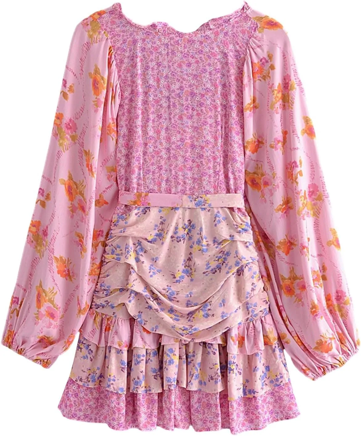 Women Long Sleeve Floral Dress Layered Ruffle V Neck Party Mini Dress for Beach Cocktail Club Streetwear